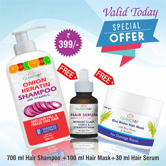 Onion, Keratin & Vitamin C Hair Shampoo 700ml With Free Rice Hair Mask 100ml & Hair Serum 30ml