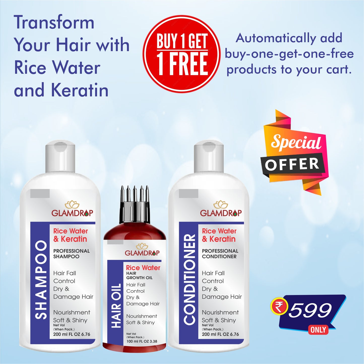 Rice Water Shampoo, Conditioner& Hair Oil with Rice Water and Keratin for Damage Recovery, Frizzy, Dry Hair & Hair Growth Formula-Sulphate Free & Paraben Free.