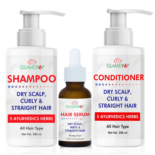 Customized Ayurvedic Hair Care for Dry Scalp, Curly & Straight Hair Combo [Shampoo+ Conditioner + Hair Serum]